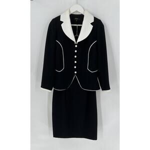 Banu Vintage Skirt Suit Set Womens 8 Black White 90s Retro Chic Single Breasted